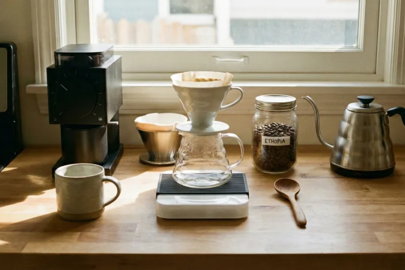 Evde kahve yapımında kullanılan ekipmanlar ve kahve çekirdekleri